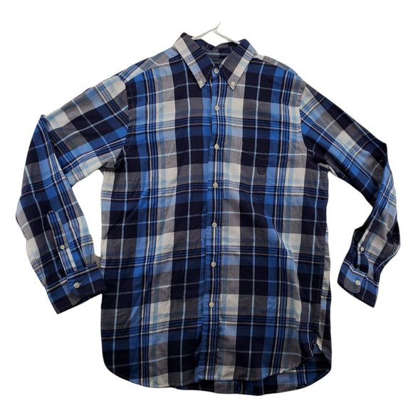 CHAPS Shirt Men's Long Sleeve Casual Button Up Collared Plaid Blue Medium - Picture 1 of 12